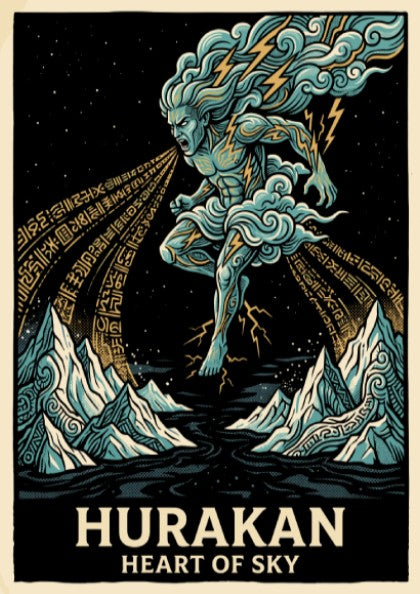 Poster of Hurakan Heart of Sky with blue storm deity and lightning bolts