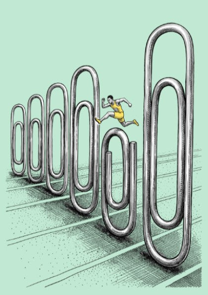 Poster featuring an athlete jumping over giant metal paperclip hurdles on mint green.