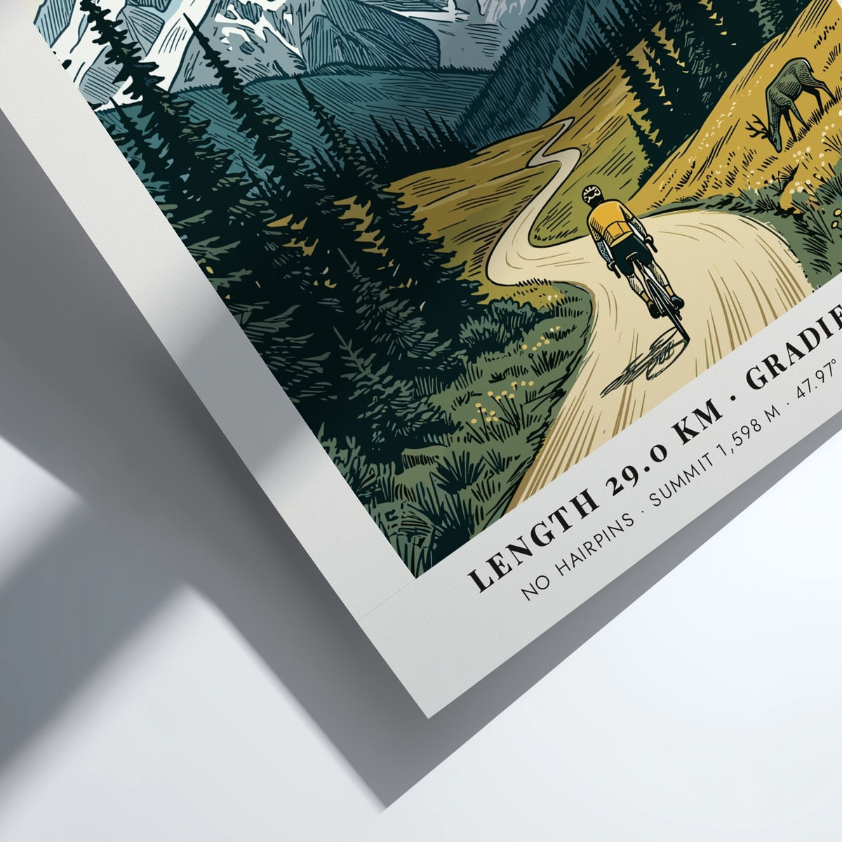 Poster of a cyclist climbing a winding road toward snow-capped Hurricane Ridge mountains.