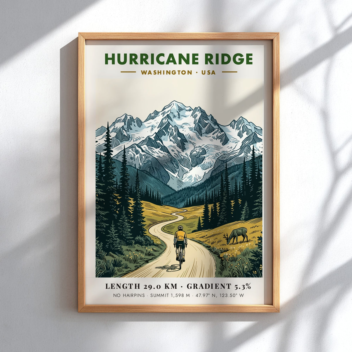 Poster of a cyclist climbing a winding road toward snow-capped Hurricane Ridge mountains.