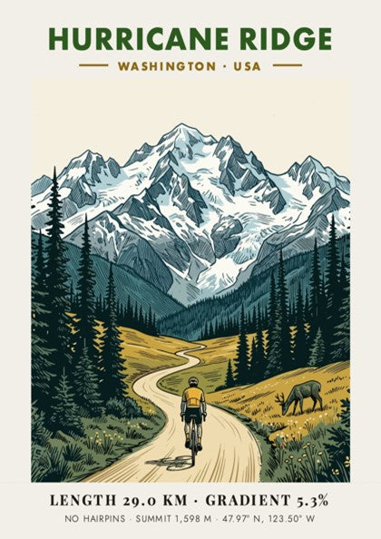 Poster of a cyclist climbing a winding road toward snow-capped Hurricane Ridge mountains.