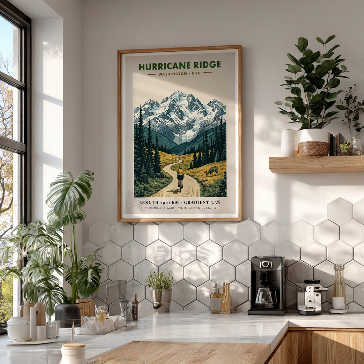 Poster of a cyclist climbing a winding road toward snow-capped Hurricane Ridge mountains.