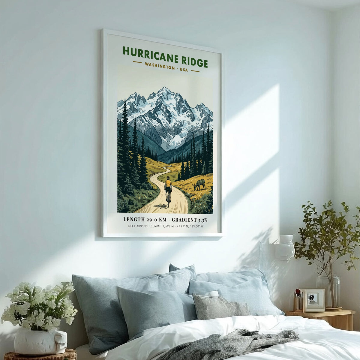 Poster of a cyclist climbing a winding road toward snow-capped Hurricane Ridge mountains.