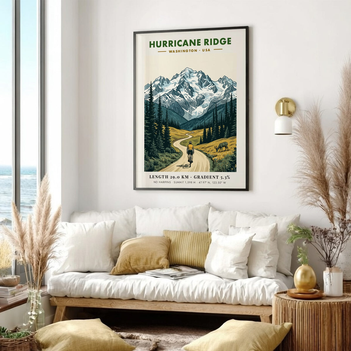 Poster of a cyclist climbing a winding road toward snow-capped Hurricane Ridge mountains.