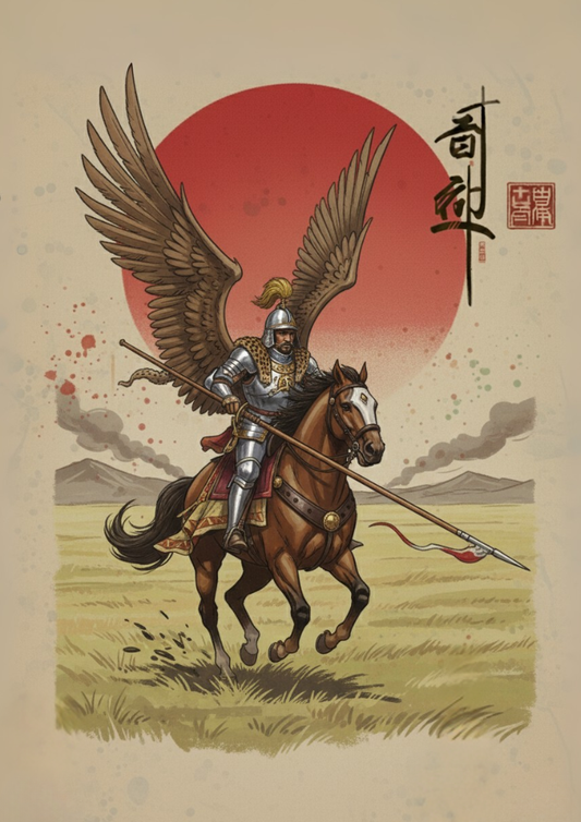 Warrior on horseback with an eagle-like creature, set against a red sun and beige background.