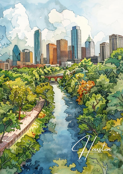 Houston Watercolour Artwork - Texas Poster