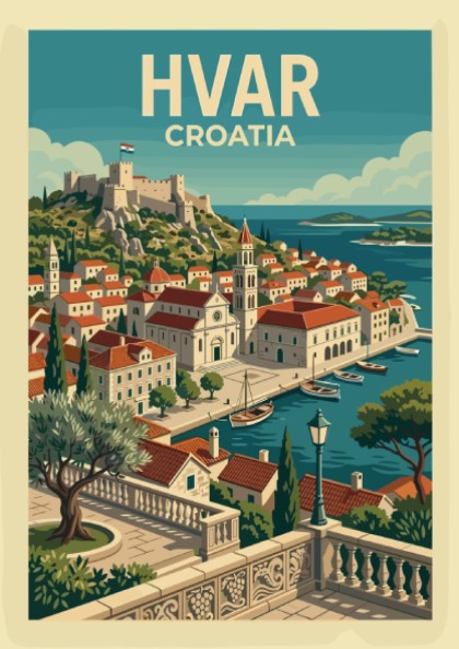 Vintage Hvar Croatia travel poster, illustration of coastal town and fortress, blue and red palette.