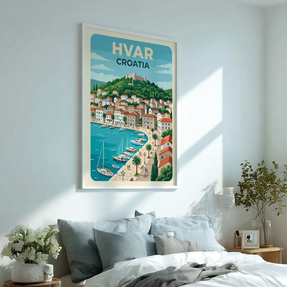 Hvar Croatia travel poster featuring a hillside fortress, terracotta rooftops, and sailboats in harbour.