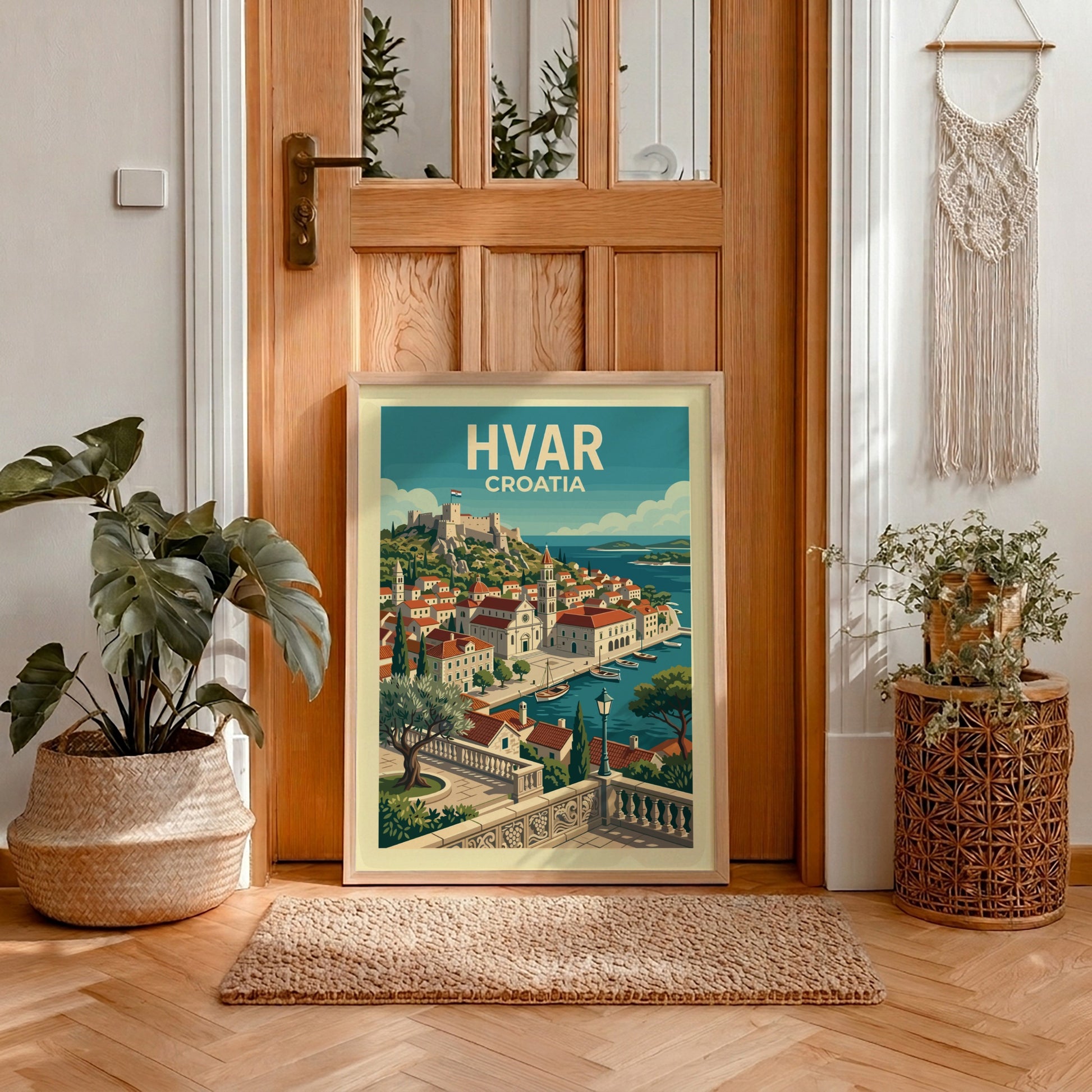 Vintage Hvar Croatia travel poster, illustration of coastal town and fortress, blue and red palette.