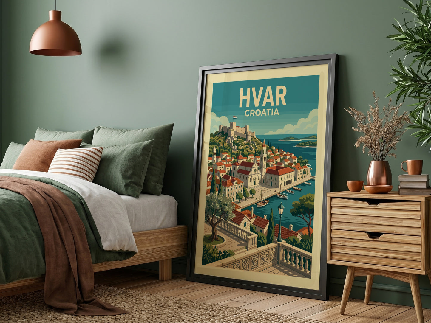 Vintage Hvar Croatia travel poster, illustration of coastal town and fortress, blue and red palette.