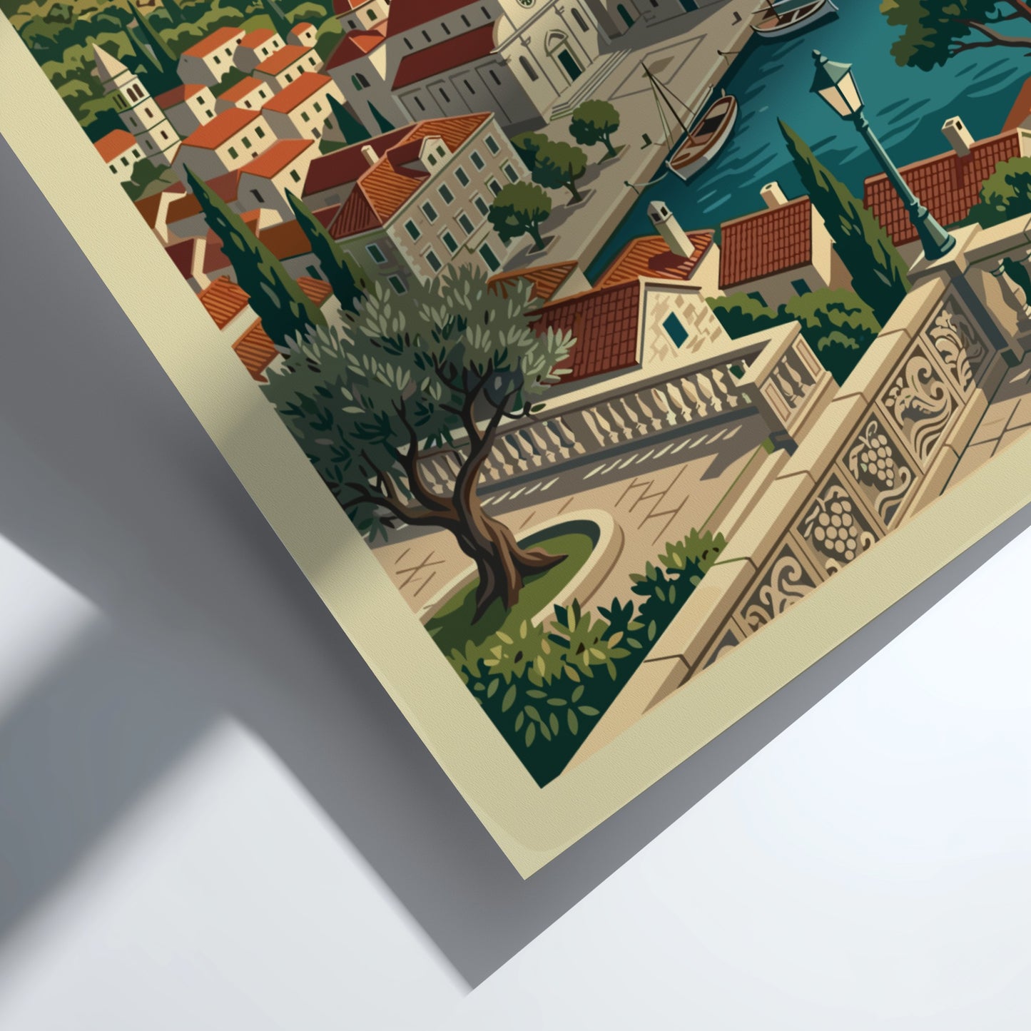 Vintage Hvar Croatia travel poster, illustration of coastal town and fortress, blue and red palette.