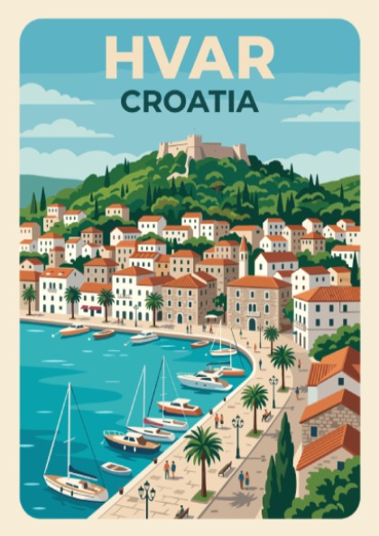 Hvar Croatia travel poster featuring a hillside fortress, terracotta rooftops, and sailboats in harbour.