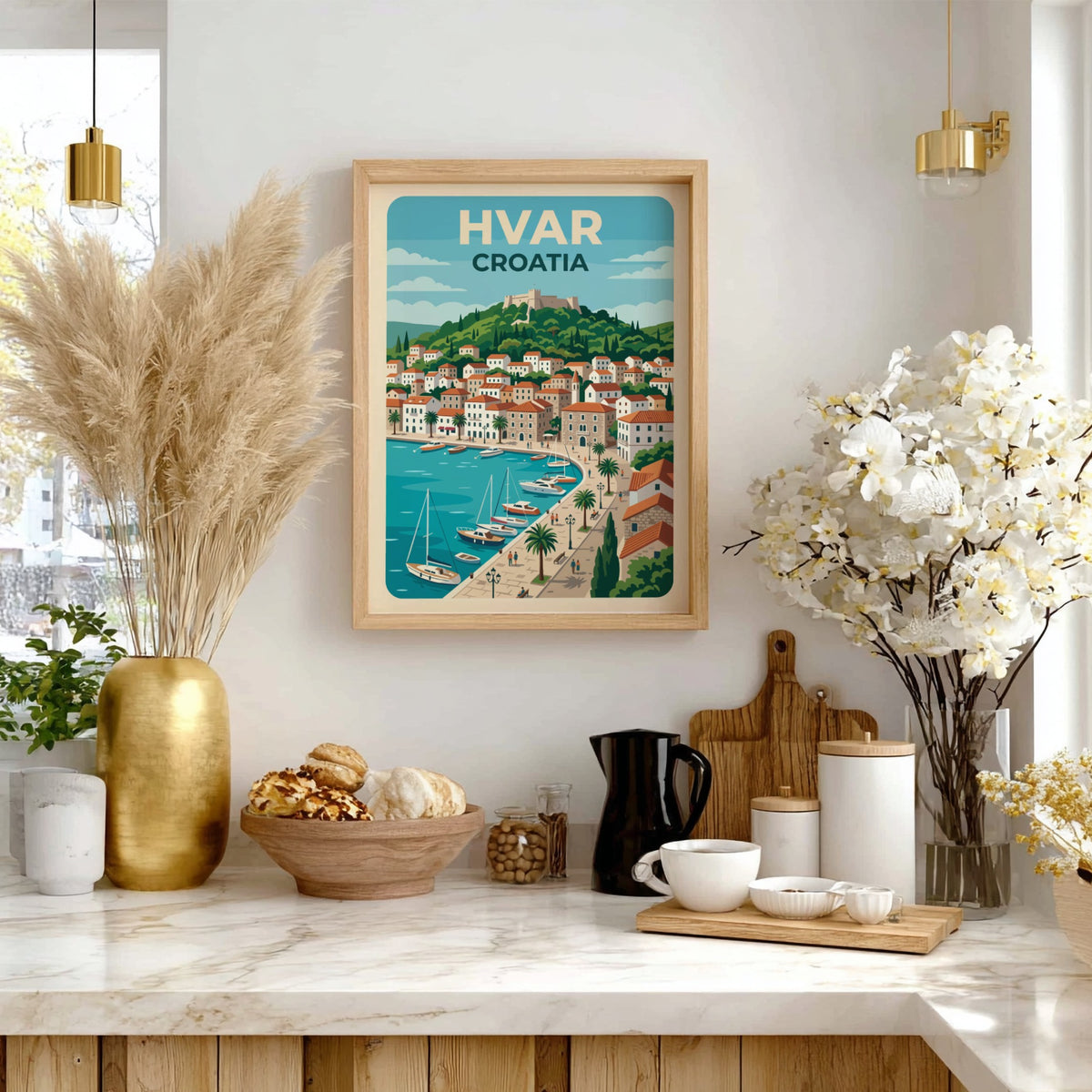 Hvar Croatia travel poster featuring a hillside fortress, terracotta rooftops, and sailboats in harbour.