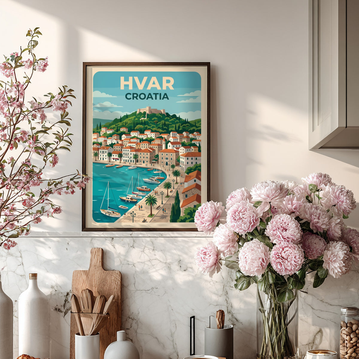 Hvar Croatia travel poster featuring a hillside fortress, terracotta rooftops, and sailboats in harbour.