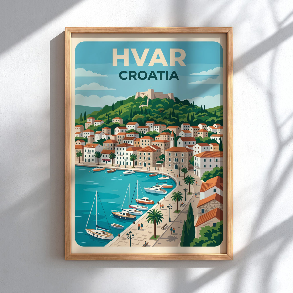 Hvar Croatia travel poster featuring a hillside fortress, terracotta rooftops, and sailboats in harbour.