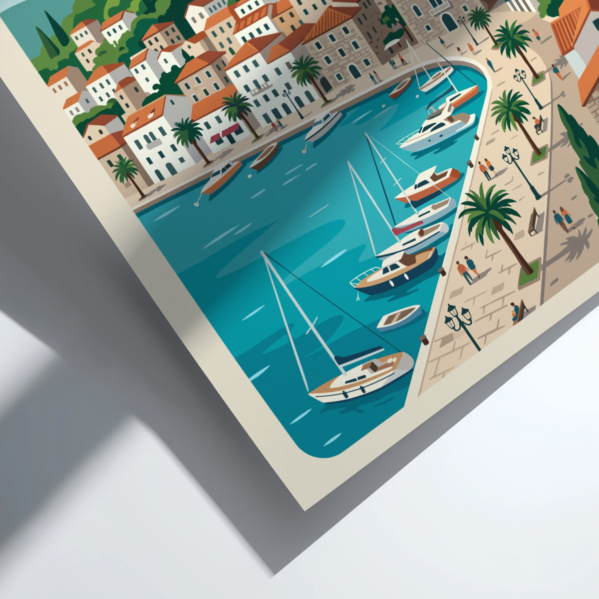 Hvar Croatia travel poster featuring a hillside fortress, terracotta rooftops, and sailboats in harbour.