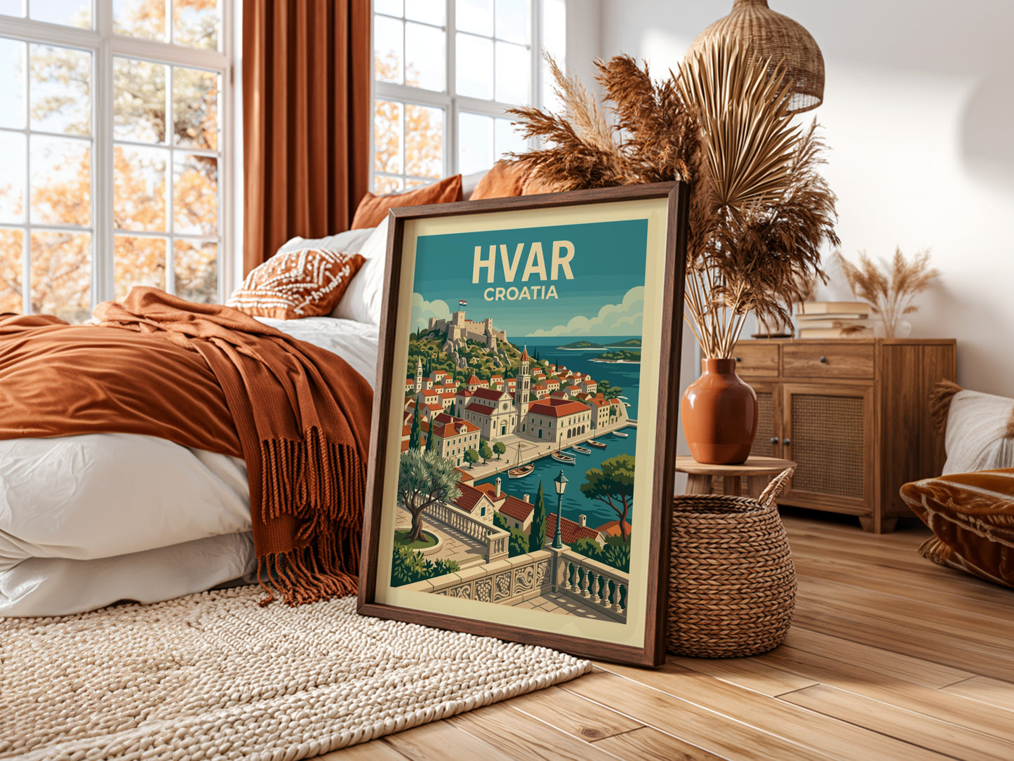Vintage Hvar Croatia travel poster, illustration of coastal town and fortress, blue and red palette.