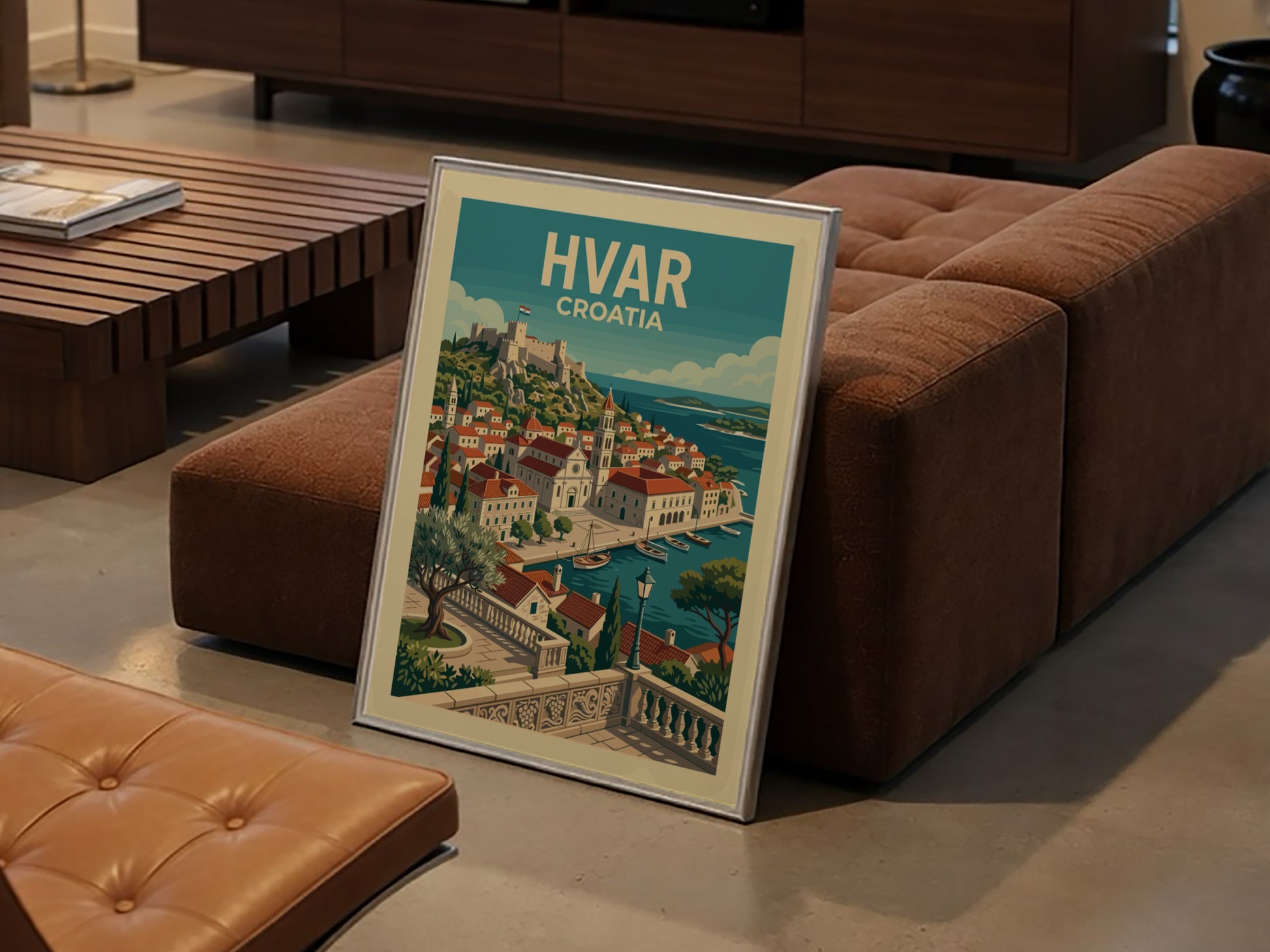 Vintage Hvar Croatia travel poster, illustration of coastal town and fortress, blue and red palette.