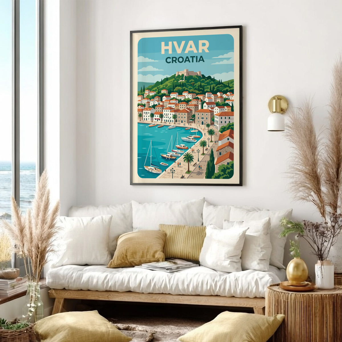 Hvar Croatia travel poster featuring a hillside fortress, terracotta rooftops, and sailboats in harbour.