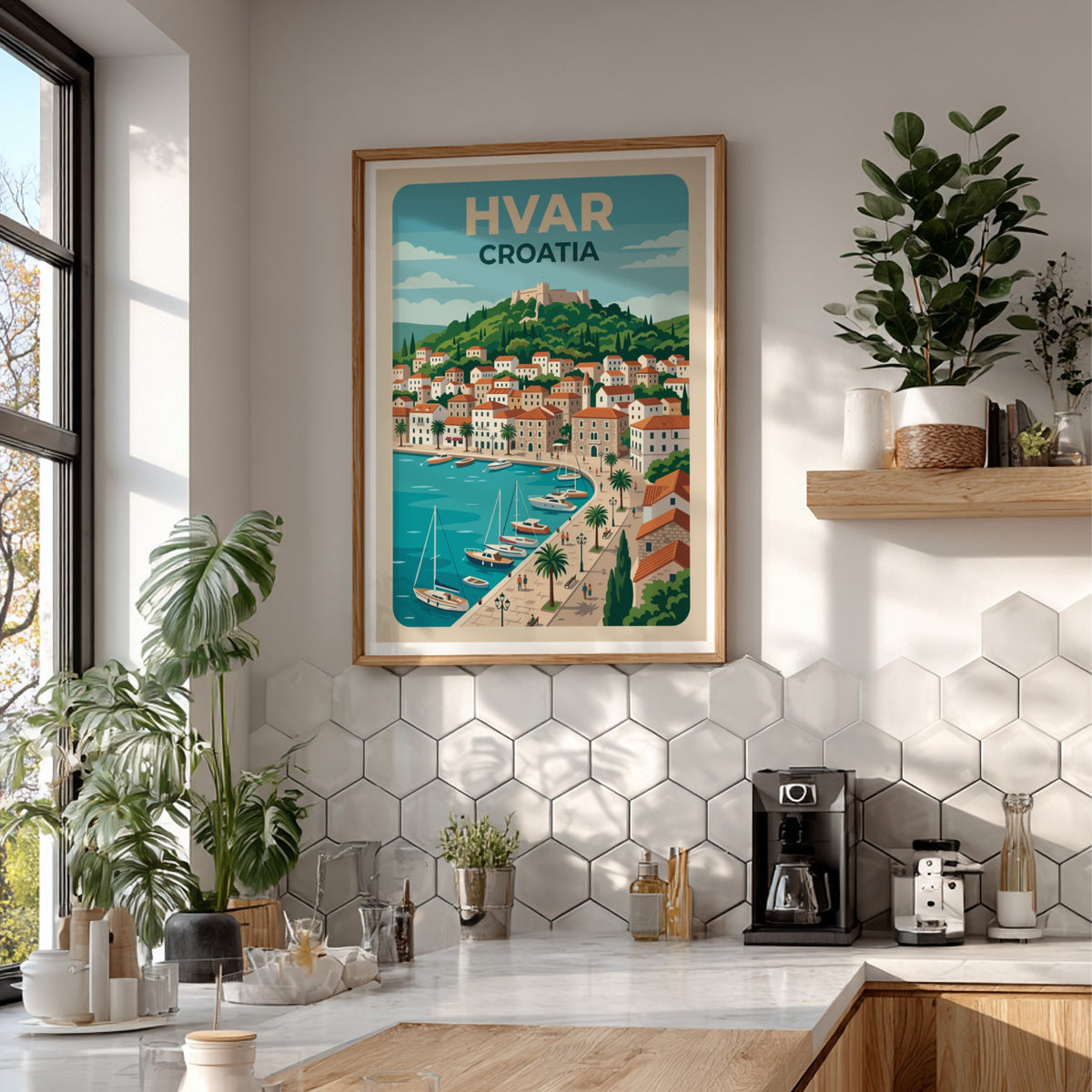 Hvar Croatia travel poster featuring a hillside fortress, terracotta rooftops, and sailboats in harbour.