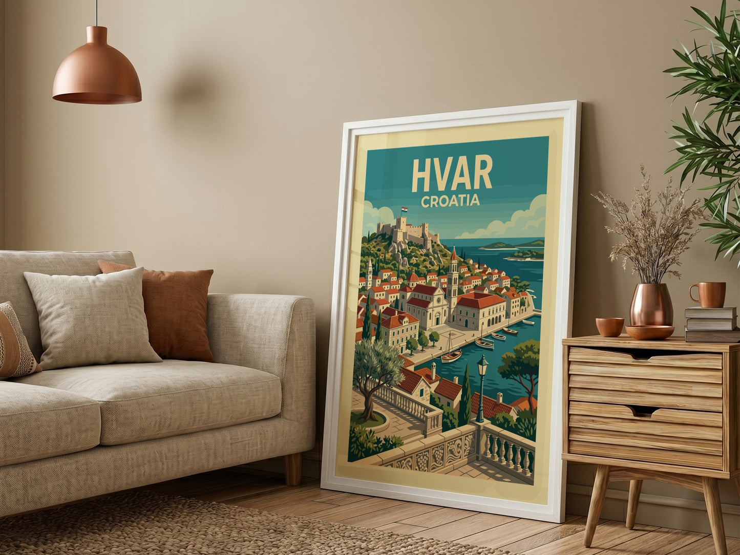 Vintage Hvar Croatia travel poster, illustration of coastal town and fortress, blue and red palette.