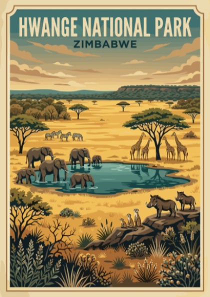 Hwange National Park poster featuring elephants, giraffes, and a waterhole in warm colors, perfect for