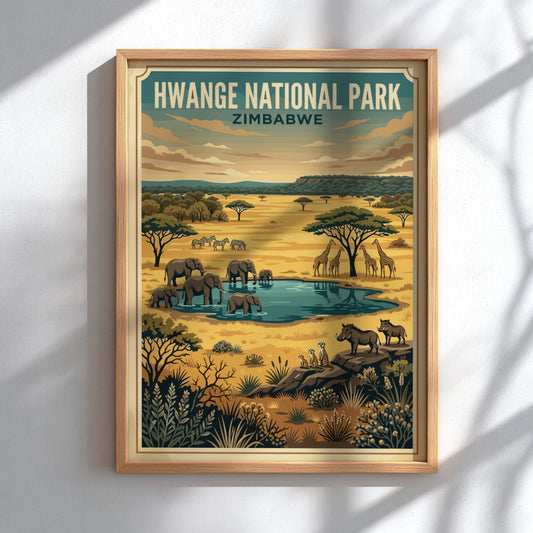 Hwange National Park poster featuring elephants, giraffes, and a waterhole in warm colors, perfect for