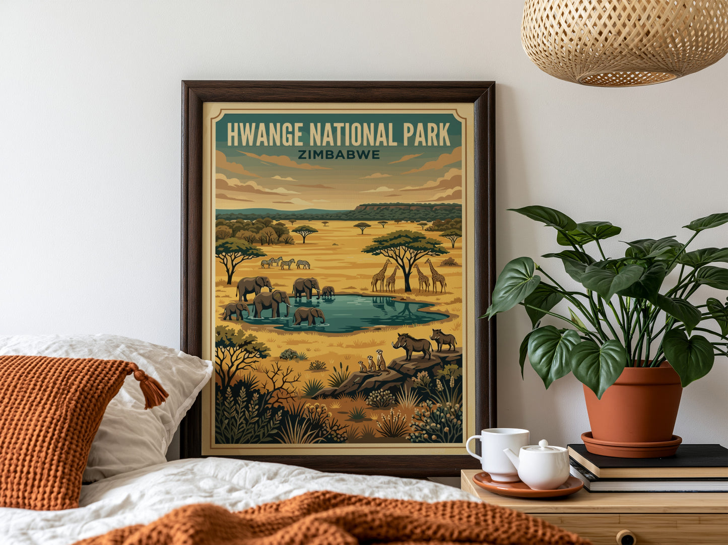 Hwange National Park poster featuring elephants, giraffes, and a waterhole in warm colors, perfect for