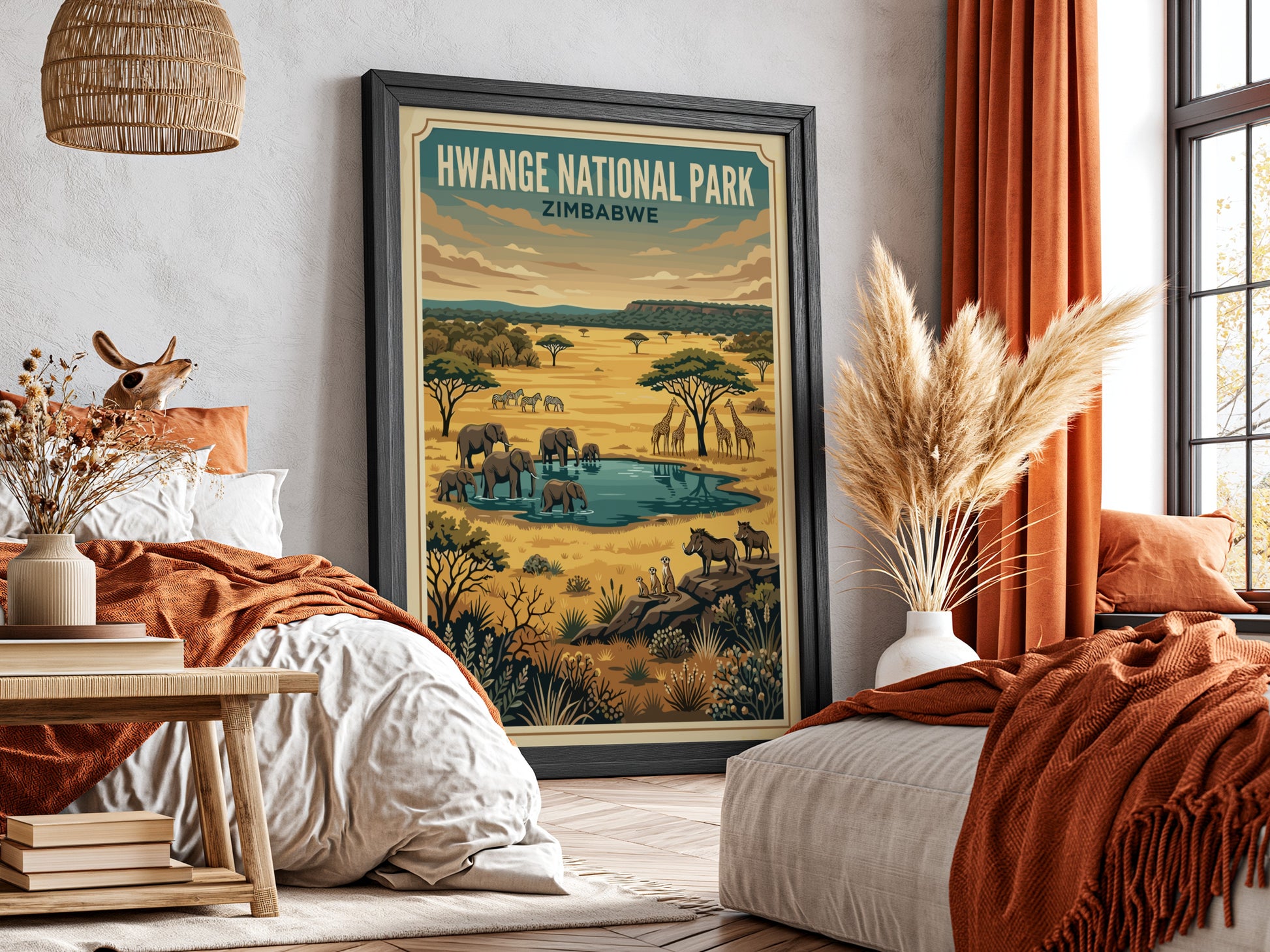 Hwange National Park poster featuring elephants, giraffes, and a waterhole in warm colors, perfect for