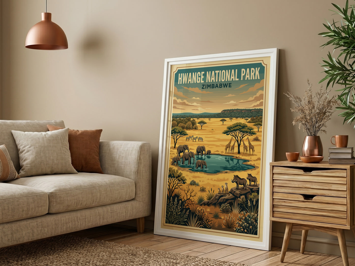 Hwange National Park poster featuring elephants, giraffes, and a waterhole in warm colors, perfect for
