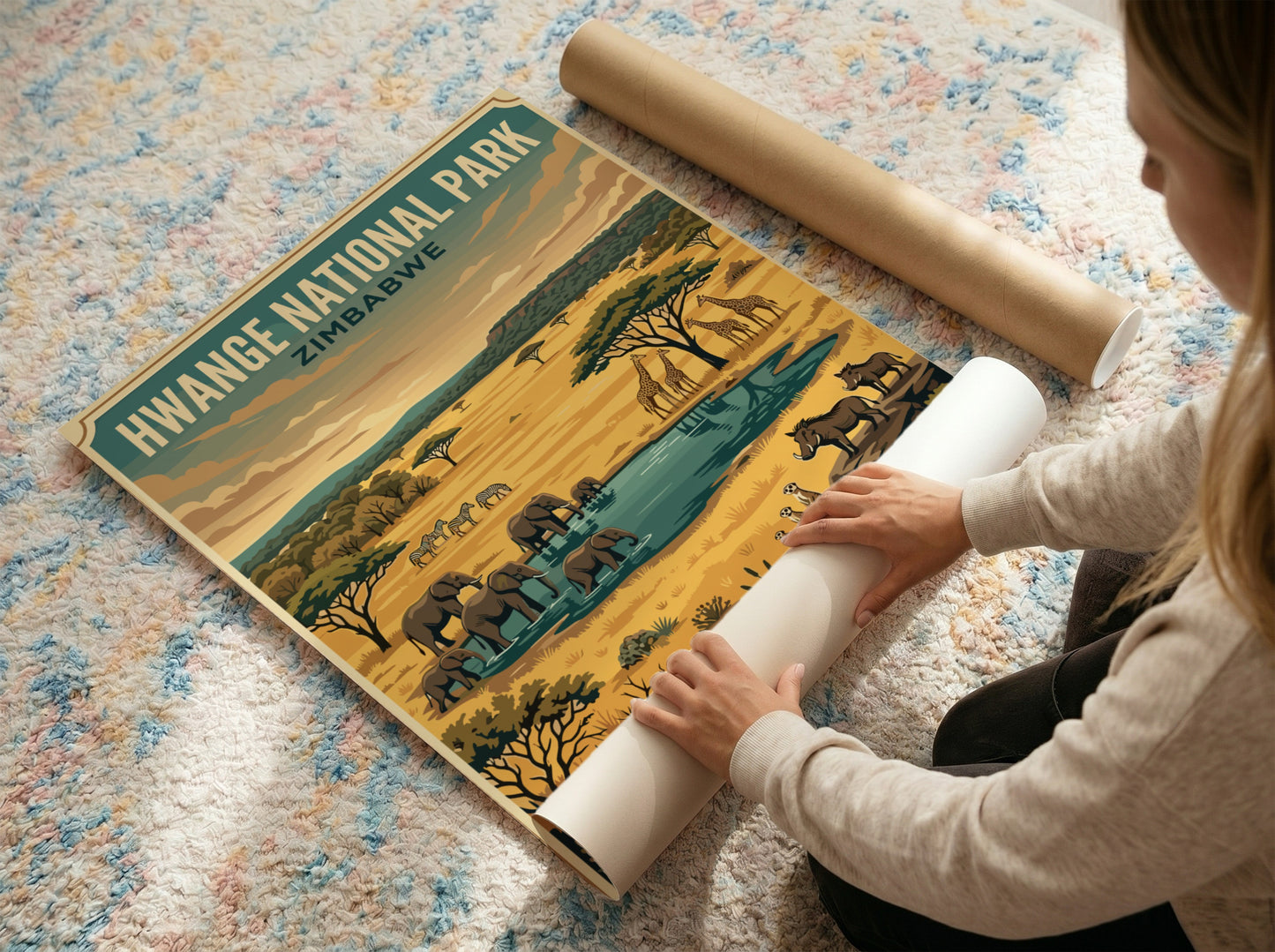 Hwange National Park poster featuring elephants, giraffes, and a waterhole in warm colors, perfect for