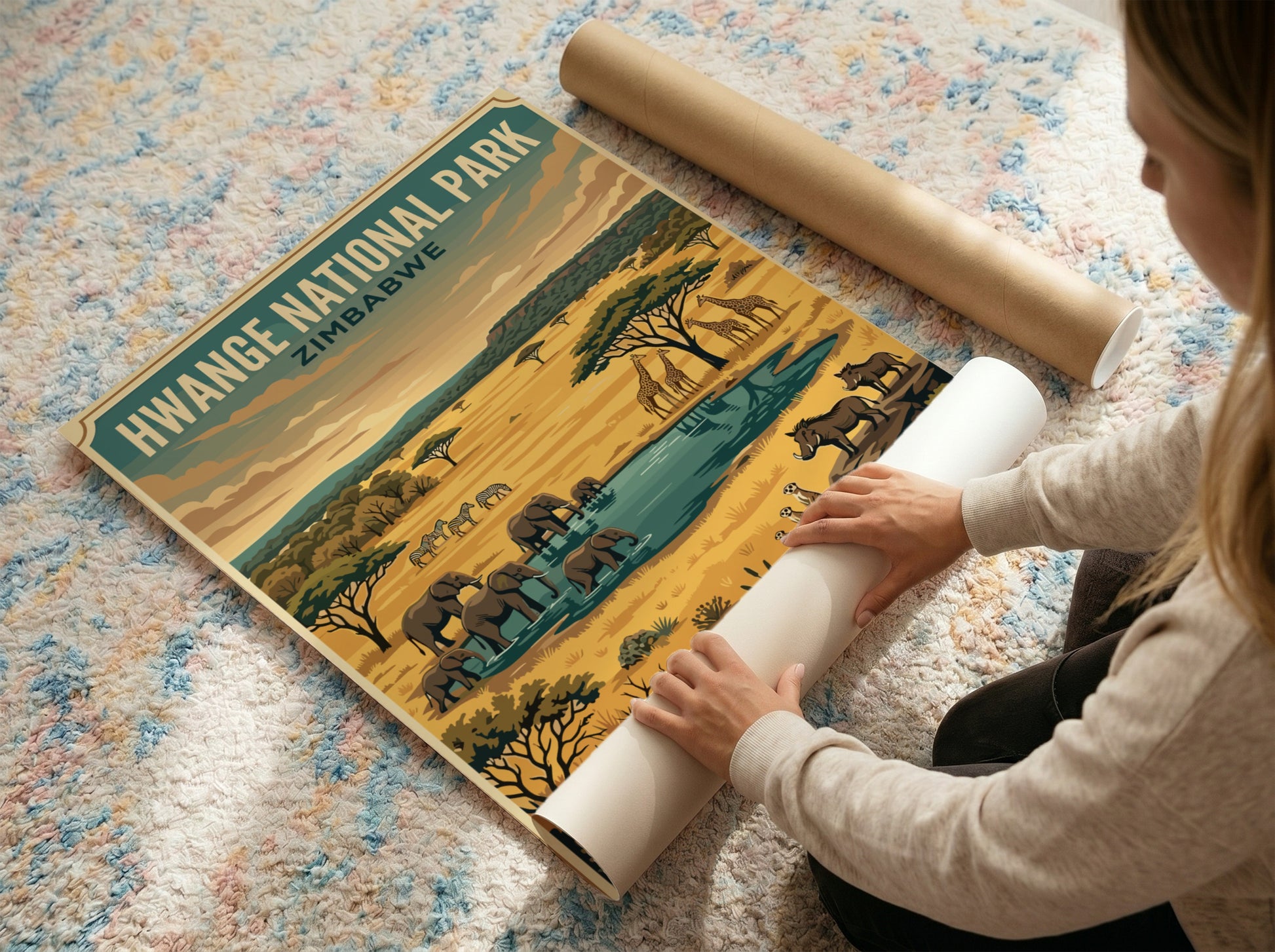 Hwange National Park poster featuring elephants, giraffes, and a waterhole in warm colors, perfect for