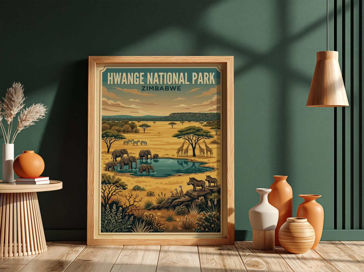 Hwange National Park poster featuring elephants, giraffes, and a waterhole in warm colors, perfect for