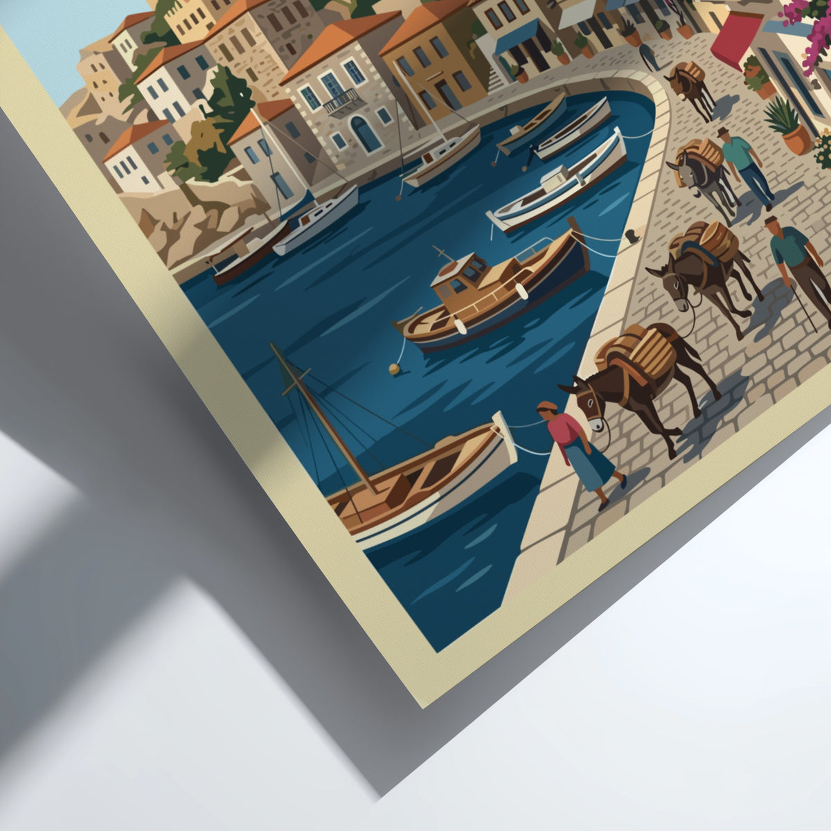 Hydra Greece travel poster featuring stone buildings, a blue harbor, and donkeys on a cobblestone path.