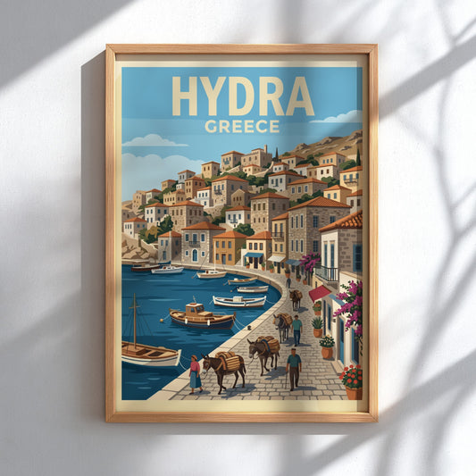 Hydra Greece travel poster featuring stone buildings, a blue harbor, and donkeys on a cobblestone path.