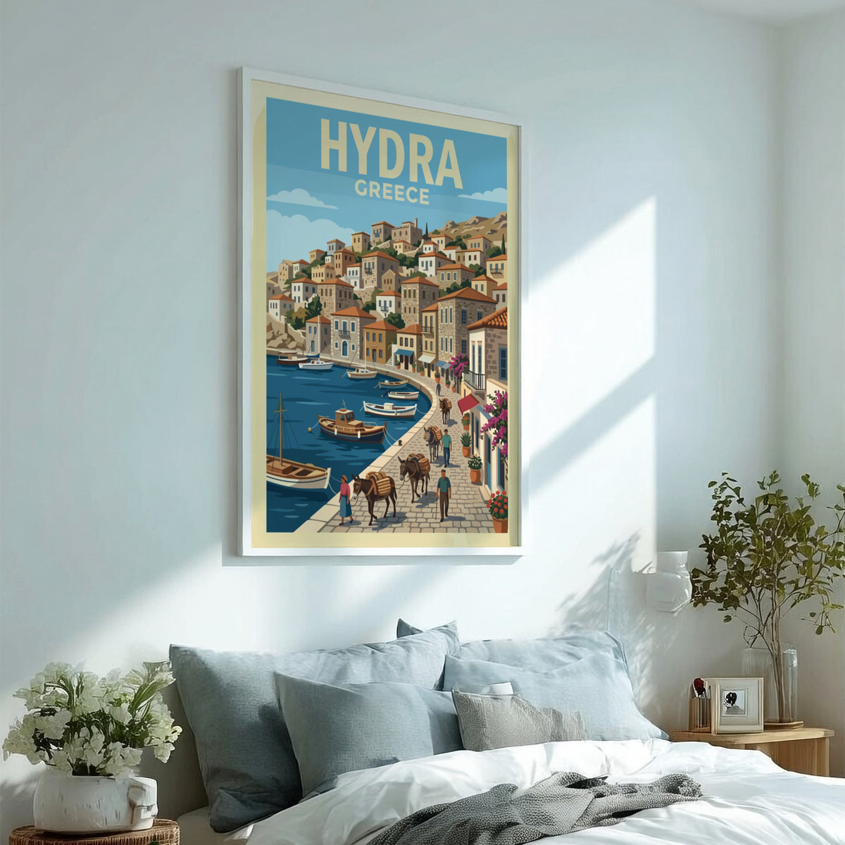 Hydra Greece travel poster featuring stone buildings, a blue harbor, and donkeys on a cobblestone path.