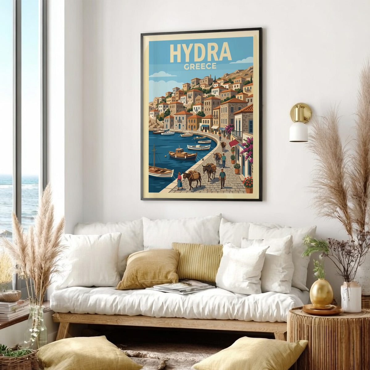 Hydra Greece travel poster featuring stone buildings, a blue harbor, and donkeys on a cobblestone path.