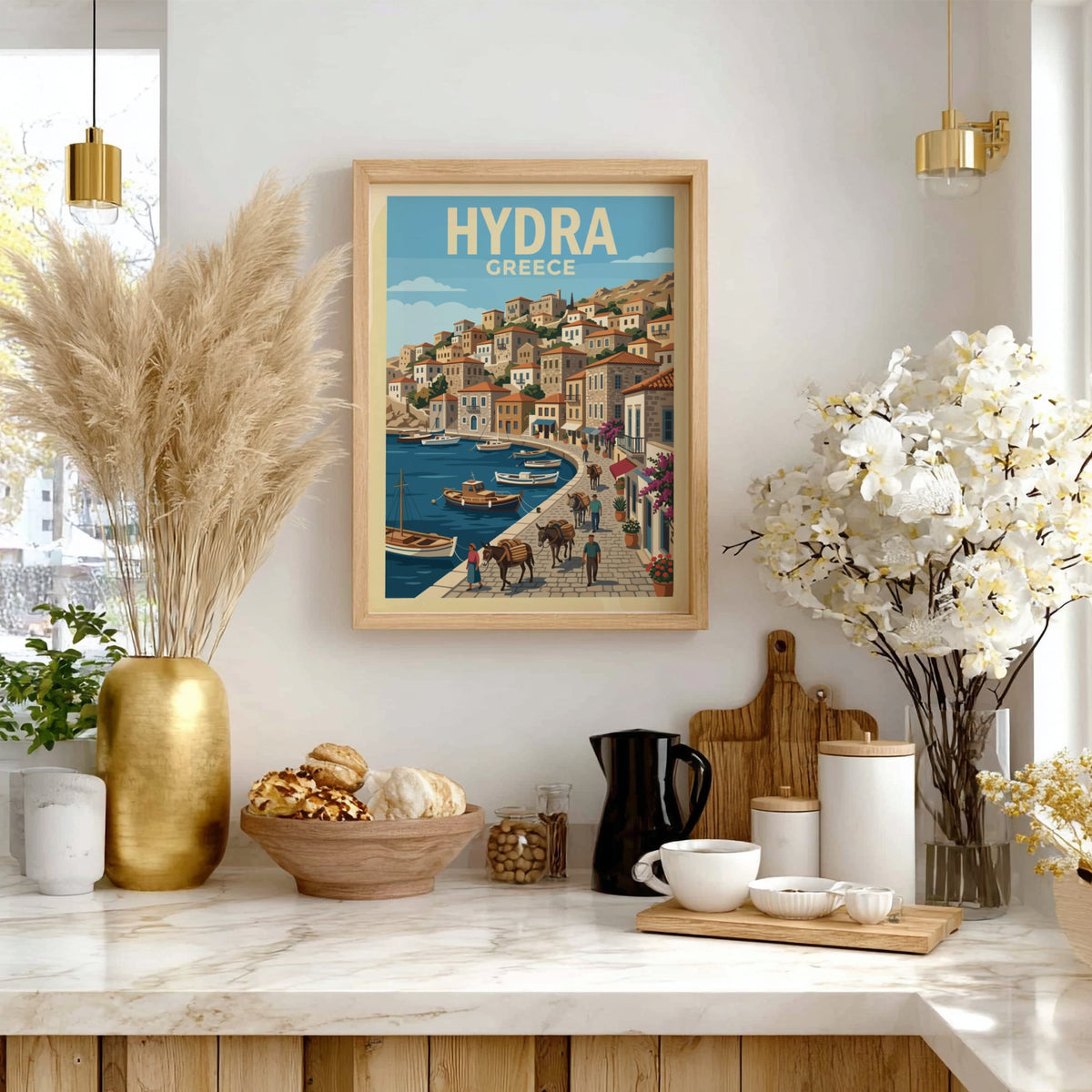 Hydra Greece travel poster featuring stone buildings, a blue harbor, and donkeys on a cobblestone path.