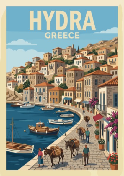 Hydra Greece travel poster featuring stone buildings, a blue harbor, and donkeys on a cobblestone path.