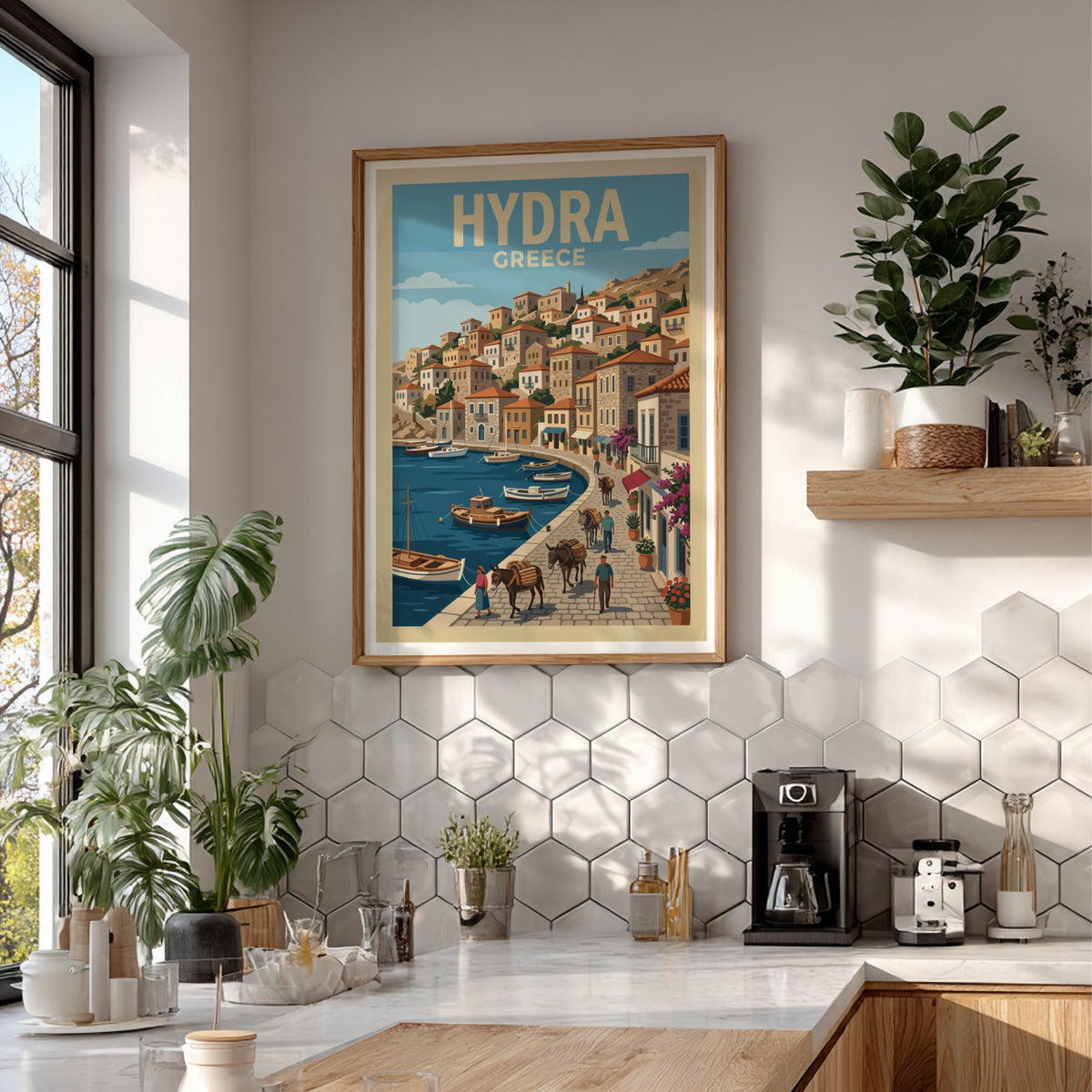 Hydra Greece travel poster featuring stone buildings, a blue harbor, and donkeys on a cobblestone path.