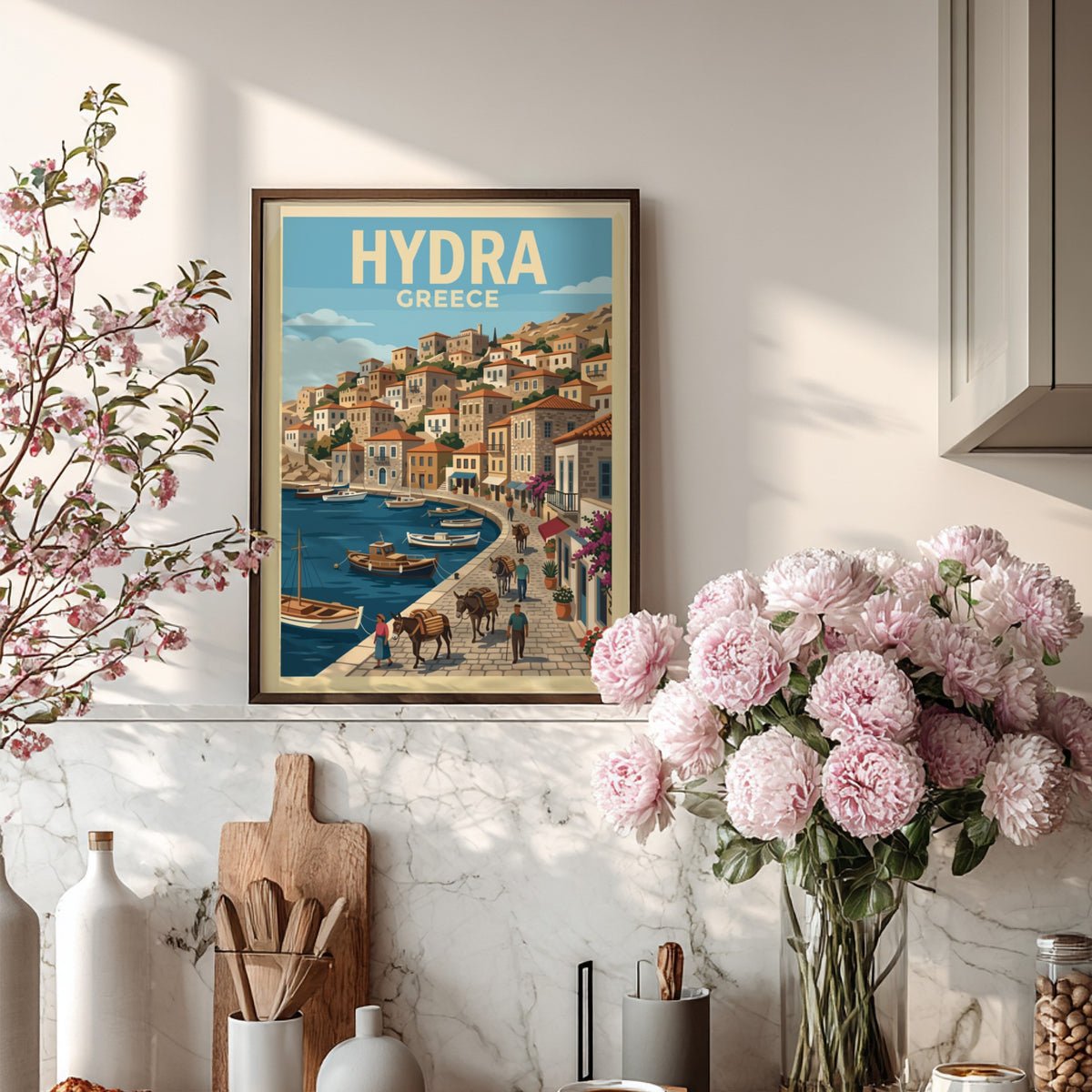 Hydra Greece travel poster featuring stone buildings, a blue harbor, and donkeys on a cobblestone path.