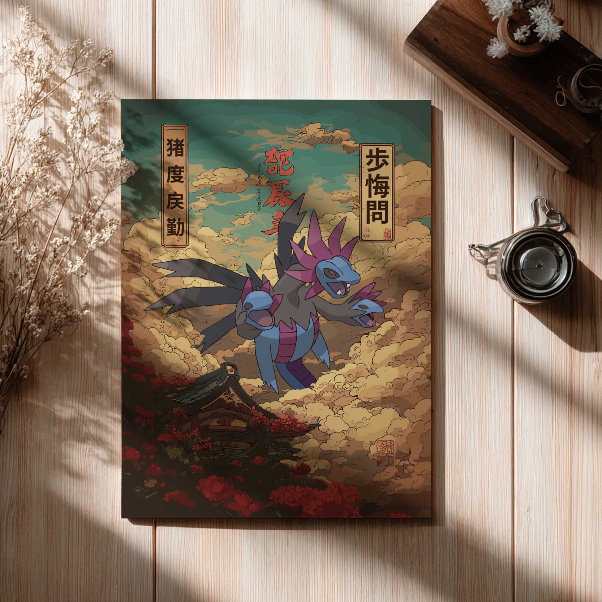 Colorful illustration of Hydreigon Pokemon  on a wooden surface with a cup and branches.