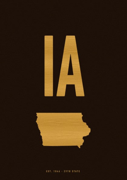 IA poster featuring Iowa state outline in sepia tones, USA states wall art