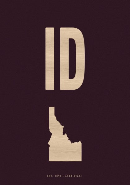 Idaho poster featuring a burgundy background and state outline, perfect for USA states decor.