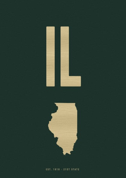USA states poster featuring Illinois in forest green, minimalist design