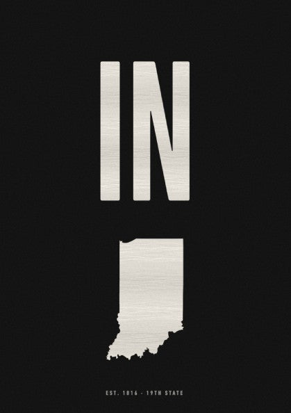 Indiana USA states poster with minimalist design on black background, showcasing state outline.
