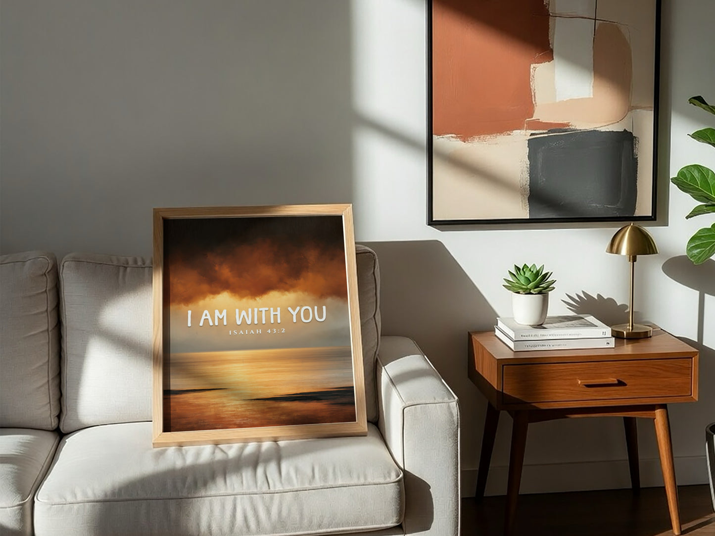 Inspirational verse poster featuring warm colors and serene design, based on Isaiah 43:2.