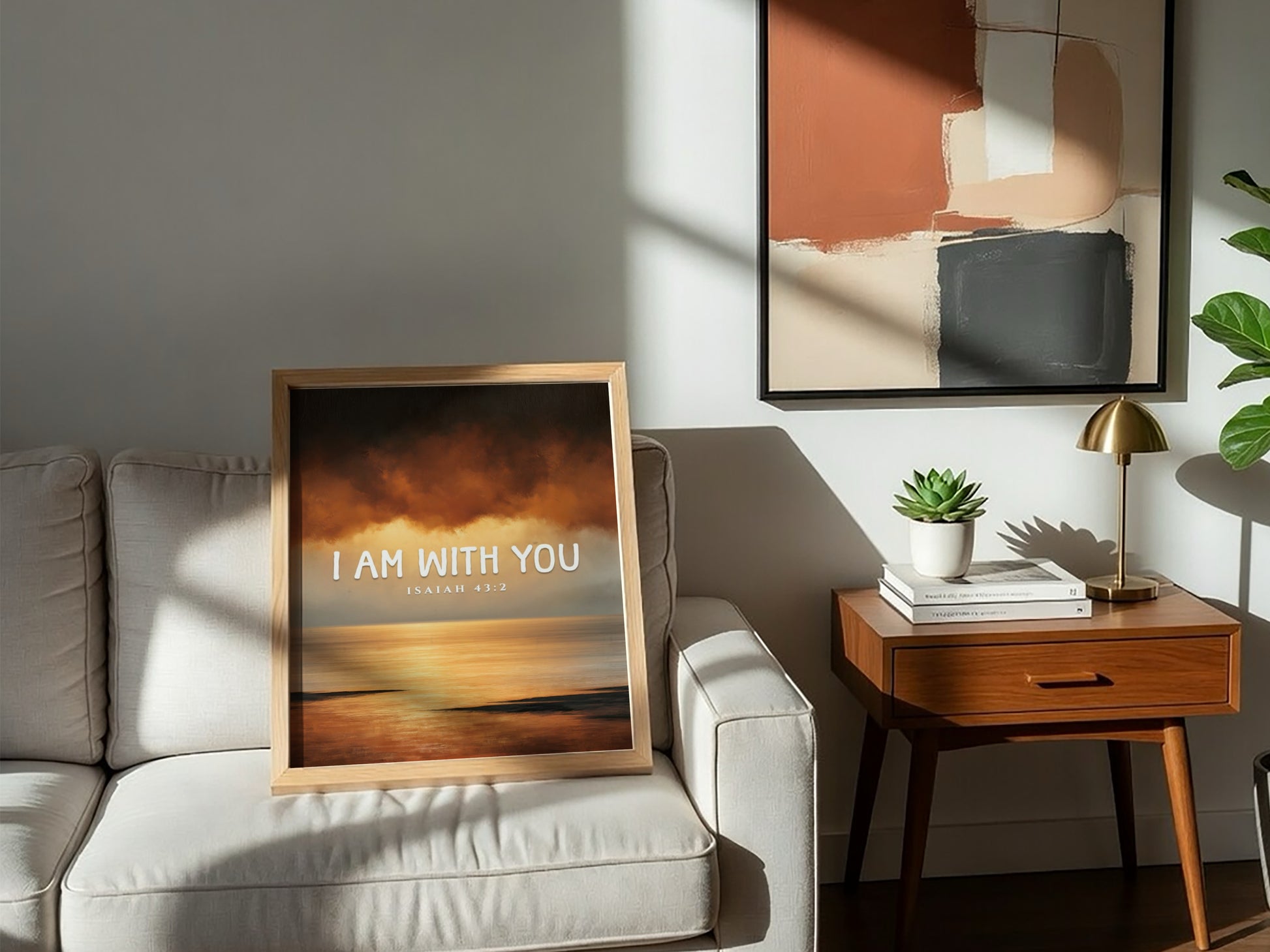 Inspirational verse poster featuring warm colors and serene design, based on Isaiah 43:2.