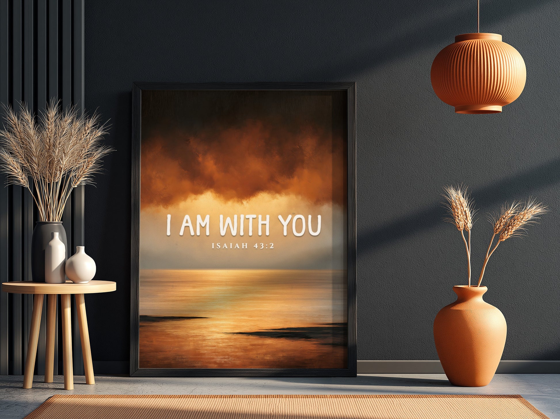 Inspirational verse poster featuring warm colors and serene design, based on Isaiah 43:2.