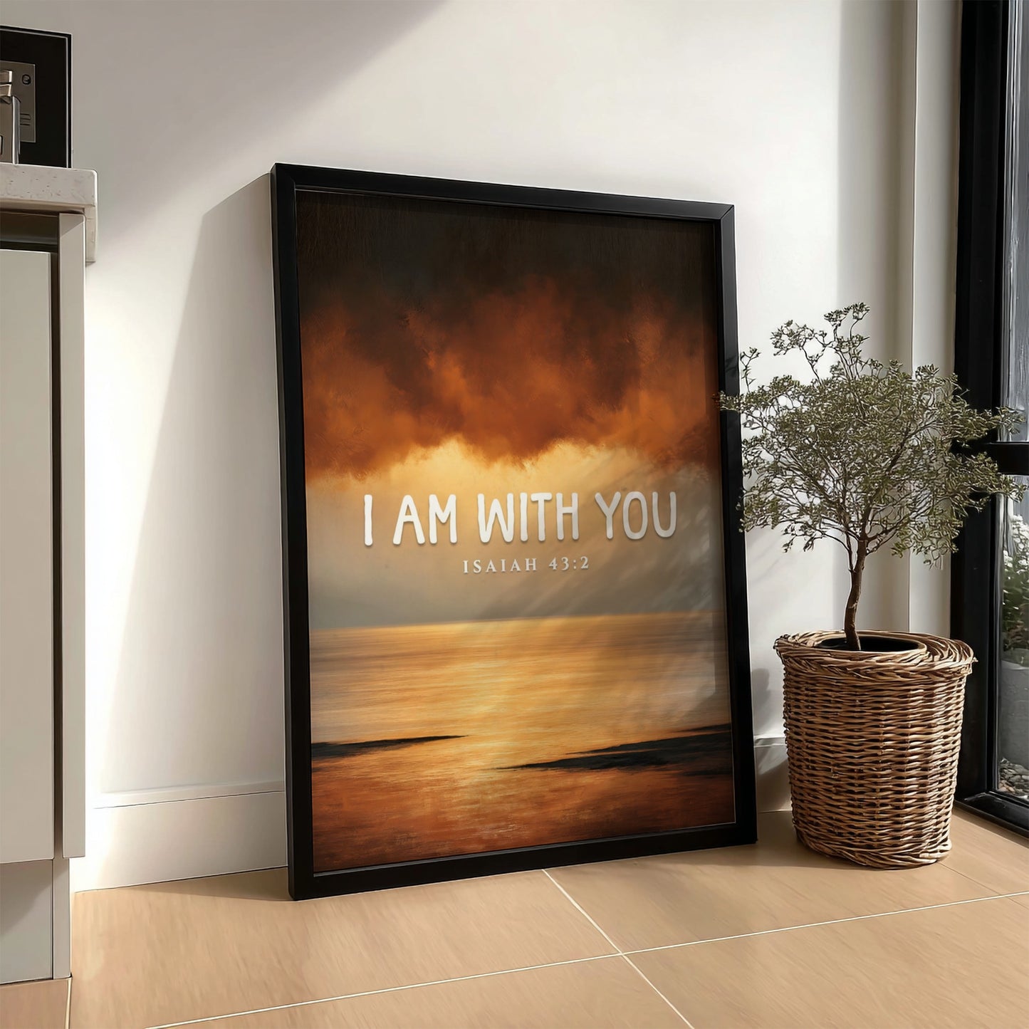 Inspirational verse poster featuring warm colors and serene design, based on Isaiah 43:2.
